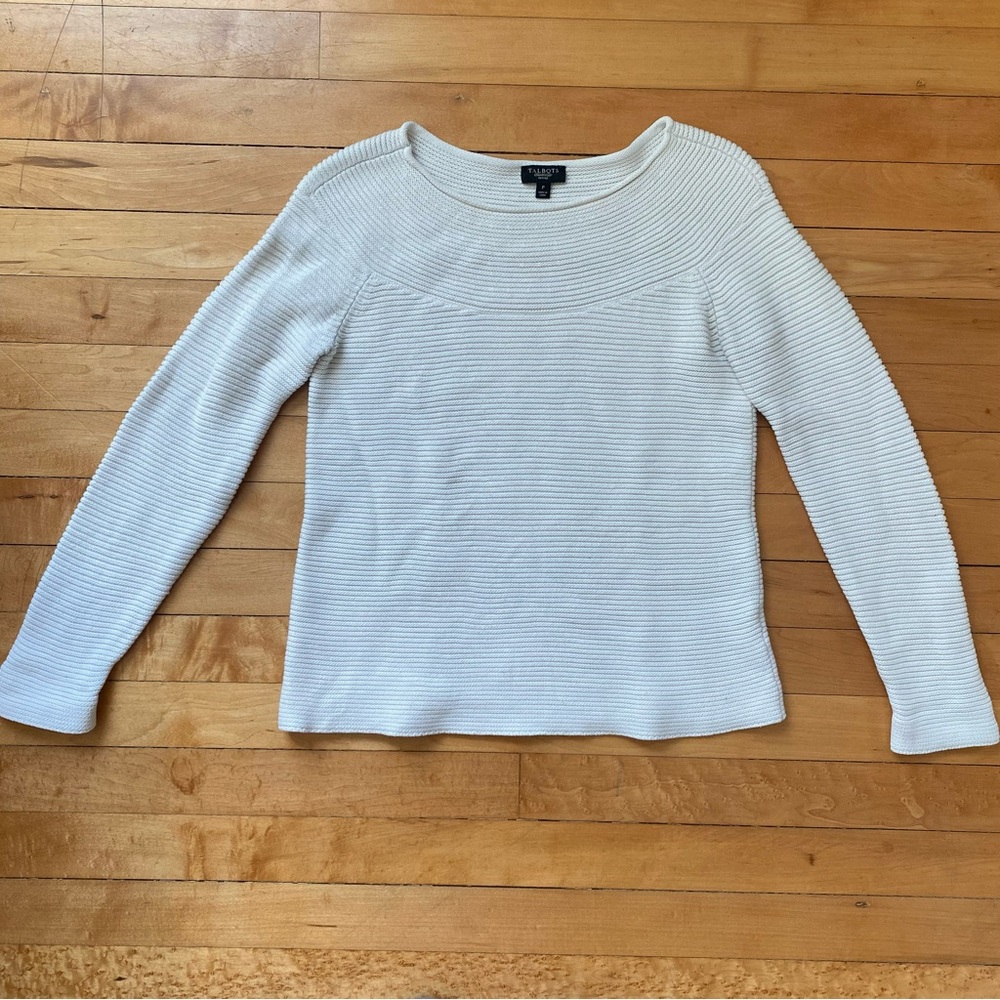Talbots Petite White Ribbed Long Sleeve Vintage Sweater